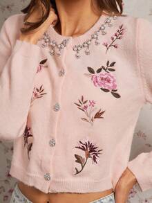 Enchnt Cardigan casual da donna con collo rotondo, maniche raglan e ricamo floreale monopetto - Rosa - Visualizzare 5