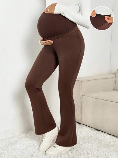 SHEIN Pantalones de maternidad de unicolor, versátiles, con pierna acampanada, elásticos y cómodos