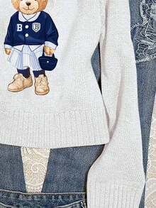 SHEIN EZwear Áo len dài tay cổ tròn họa tiết hoạt hình dành cho nữ, thích hợp cho mùa thu/đông - trắng - Xem 6