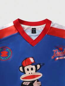 ROMWE MEN Paul Frank X ROMWE 男士休闲运动拼色猴子与字母图案长袖 T 恤，秋季 - 藍色 - 查看 3