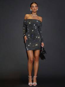 SHEIN BAE Váy bodycon sequin trễ vai - màu đen - Xem 3