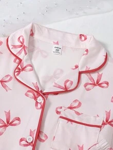 2pcs Girls Cute Bow Print Cardigan And Pants Comfortable Pajama Set - Multicolor - View 6