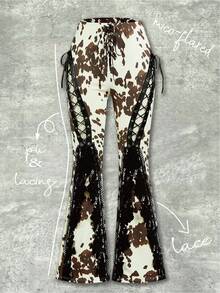 Shutterstock Y2Kool Quần ống loe nữ kiểu Y2K phối ren và họa tiết da báo, thích hợp cho mùa hè, mùa thu, kỳ nghỉ, tiệc tùng, mặc hàng ngày. Quần in họa tiết bò sữa, quần buộc dây, quần cao bồi, quần ống loe in họa tiết bò sữa, quần in họa tiết bò sữa buộc dây, quần phối ren, quần gợi cảm, bộ sưu tập trang phục thời trang, trang phục năm mới. - Nhiều màu - Xem 1