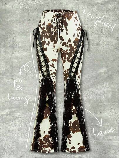 Shutterstock Y2Kool Animal Print Lace Patchwork Y2K Style Women Casual Eyelet Lace-Up Flare Pants, Suitable For Summer, Autumn, Vacation, Party, Daily Wear Cow Print Pants Lace Up Pants Cowgirl Pants Cow Print Flare Pants Lace Up Cow Print Pants Pants With Lace Matching Idea Sexy Pant Stylish Clothing Collection New Year Outfits
