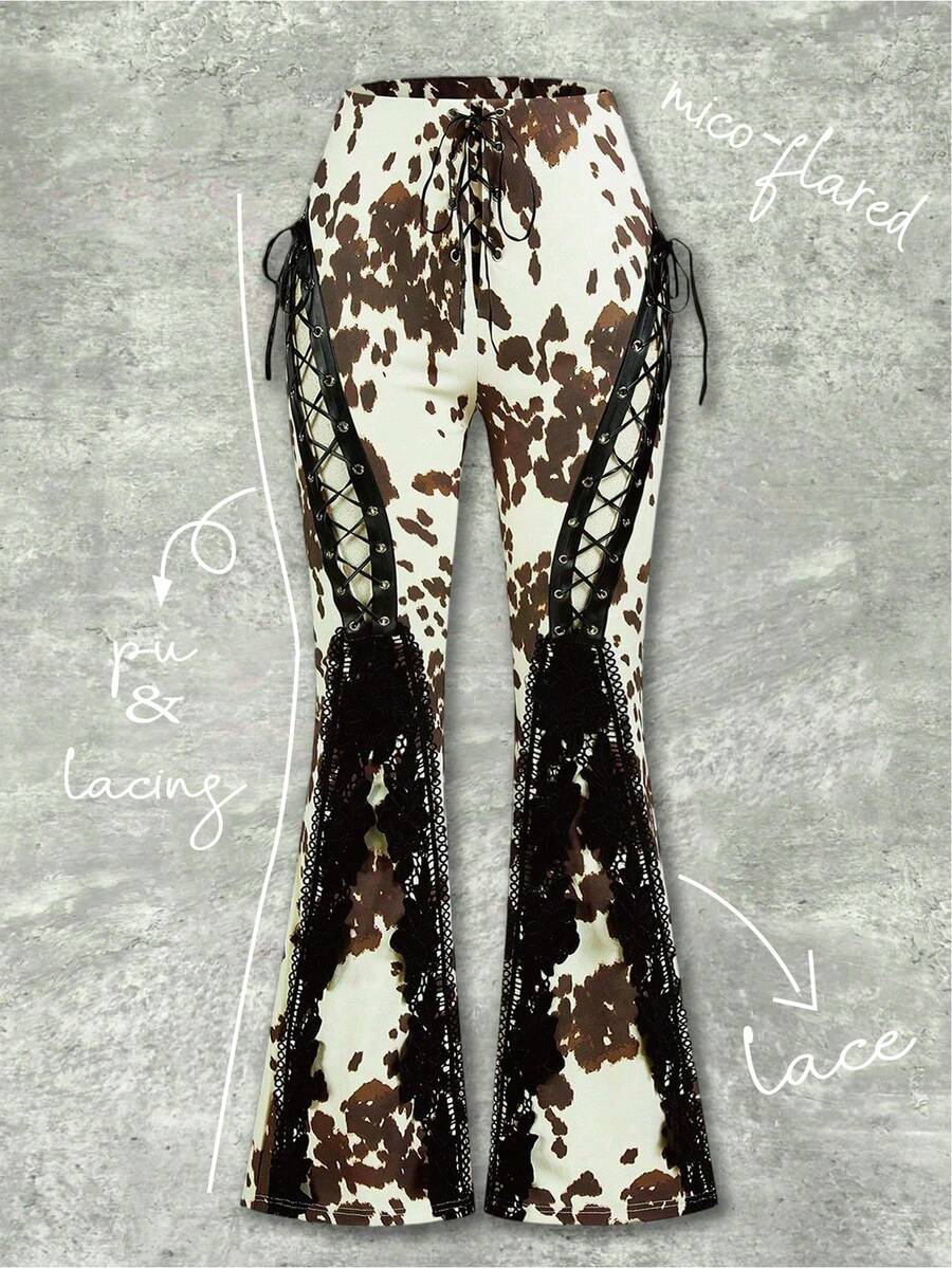Shutterstock Y2Kool Quần ống loe nữ kiểu Y2K phối ren và họa tiết da báo, thích hợp cho mùa hè, mùa thu, kỳ nghỉ, tiệc tùng, mặc hàng ngày. Quần in họa tiết bò sữa, quần buộc dây, quần cao bồi, quần ống loe in họa tiết bò sữa, quần in họa tiết bò sữa buộc dây, quần phối ren, quần gợi cảm, bộ sưu tập trang phục thời trang, trang phục năm mới. - Nhiều màu - Xem 1