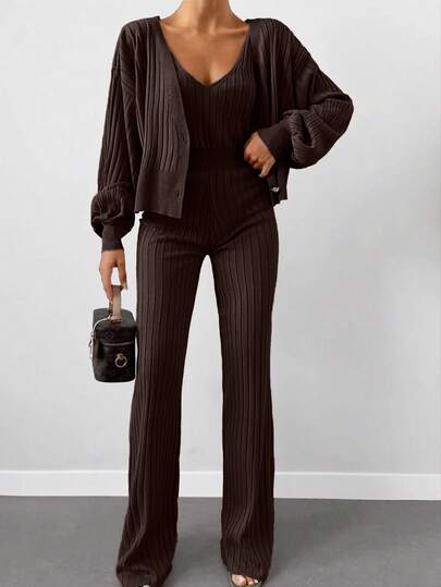 EURMUSE Women's Solid Color Drop Shoulder Long Sleeve Knitted Cardigan And Knitted Pants Casual Suit, Autumn/Winter