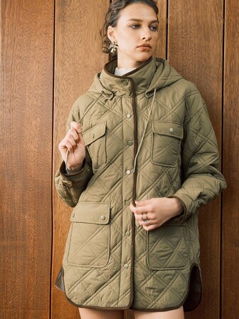 Arave Women's Plaid Quilted Cotton Shirt-Style Fabric With A Detachable Hood, Dark Green, Thin, Slim-Fit, High-End Multi-Pocket Cotton Jacket  Outerwear Women Women Coats Winter Coat Women Long Jacket For Women