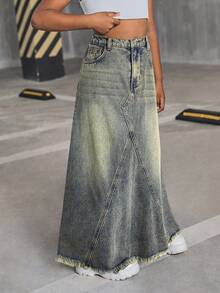 SHEIN Tween Girls Y2k Retro Fashion Vintage Blue Denim Midi-Length Mermaid Skirt Fall Winter,For Girls Dailywear Costume,Girls Streetwear Outfits,Halloween Outfits,Christmas Costume,Winter Clothes,Teen Dress