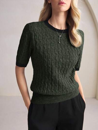 BizChic Green Collar Black Contrast Cable Knit Sweater For Women, Modern Elegant Urban Commute Everyday Romantic 90s Retro Christmas New Year Outfit, Suitable For Valentine's Day Party, Beach, Graduation, Fashion, Holiday, Wedding Guest, Suitable For Outing, Date, Party, Concert, Stage Performance, Breakfast, Airport