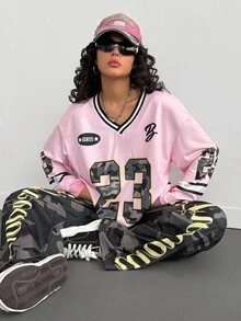 Bộ áo nỉ cổ chữ V cỡ lớn in họa tiết rằn ri và quần ống rộng cho bé gái tuổi teen, phong cách Y2K, trang phục thường ngày dạo phố, phù hợp cho mùa xuân và mùa thu - Hồng - Xem 7