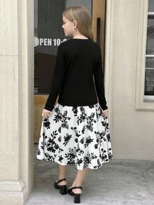 SHEIN 2 件套青少年女孩休闲针织纯色拼布碎花圆领长袖上衣和裙子套装 - 黑色 - 查看 2