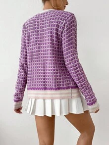 Selianne Áo khoác cardigan kẻ sọc tương phản thanh lịch dành cho nữ, họa tiết phong cách học thuật, thu/đông - Màu tím - Xem 2