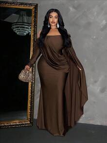 Maweii Plus Size Women's Solid Color Off Shoulder Long Sleeve Ruffle Tie Design Fitted Elegant Dress Fall - Brown - View 2