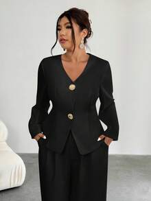 Firerie 女士休闲简约时尚金属扣西装外套，适合通勤、工作、返校季 - 黑色 - 查看 5