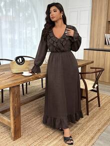 Weeklong Plus Size Women's Solid Color Ruffle V-Neck Long Sleeve Elegant Dress Fall Cloth For Women - Brown - View 5