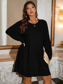SHEIN LUNE Plus Size Solid Color Round Neck Casual Versatile Long Sleeve Sweater Dress - Black - View 5