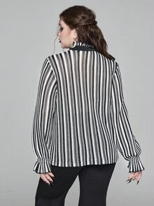ROMWE Gothic Style Ruffle Trim Striped Blouse, School Inspired Plus Size Women Shirt - Black and White - View 3