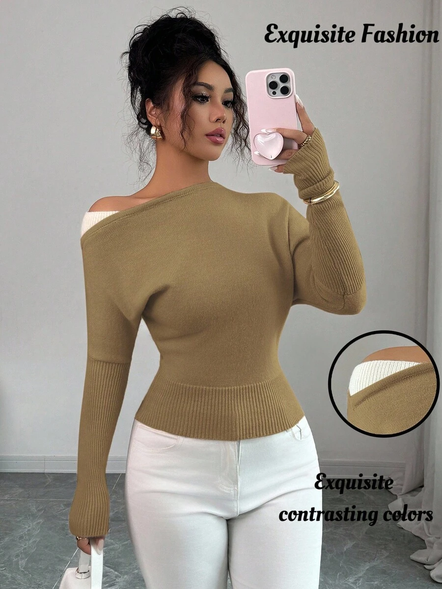 Elenzga Pulover cu guler asimetric și blocuri de culoare pentru femei, stil vintage elegant, potrivit pentru vacanțe și sărbători, primăvară/toamnă - Kaki - Vizualizare 1