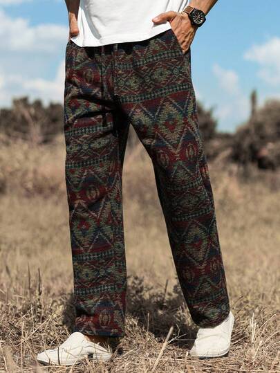 Manfinity Nomadique 1 pieza Pantalón casual para hombre, tela jacquard tejida, pierna recta holgada, minimalista cómodo, regalo para novio/esposo, regalo de aniversario, otoño