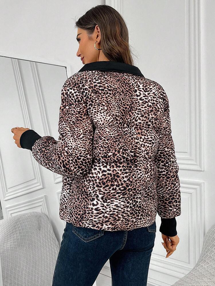 Women's Leopard Print Zip-Up Casual Winter Jacket