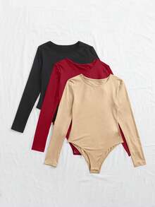 Chiquease Body femme col rond manches longues couleur unie - Rouge - Voir 4