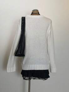 SHEIN EZwear Áo len dài tay cổ tròn họa tiết hoạt hình dành cho nữ, thích hợp cho mùa thu/đông - trắng - Xem 4