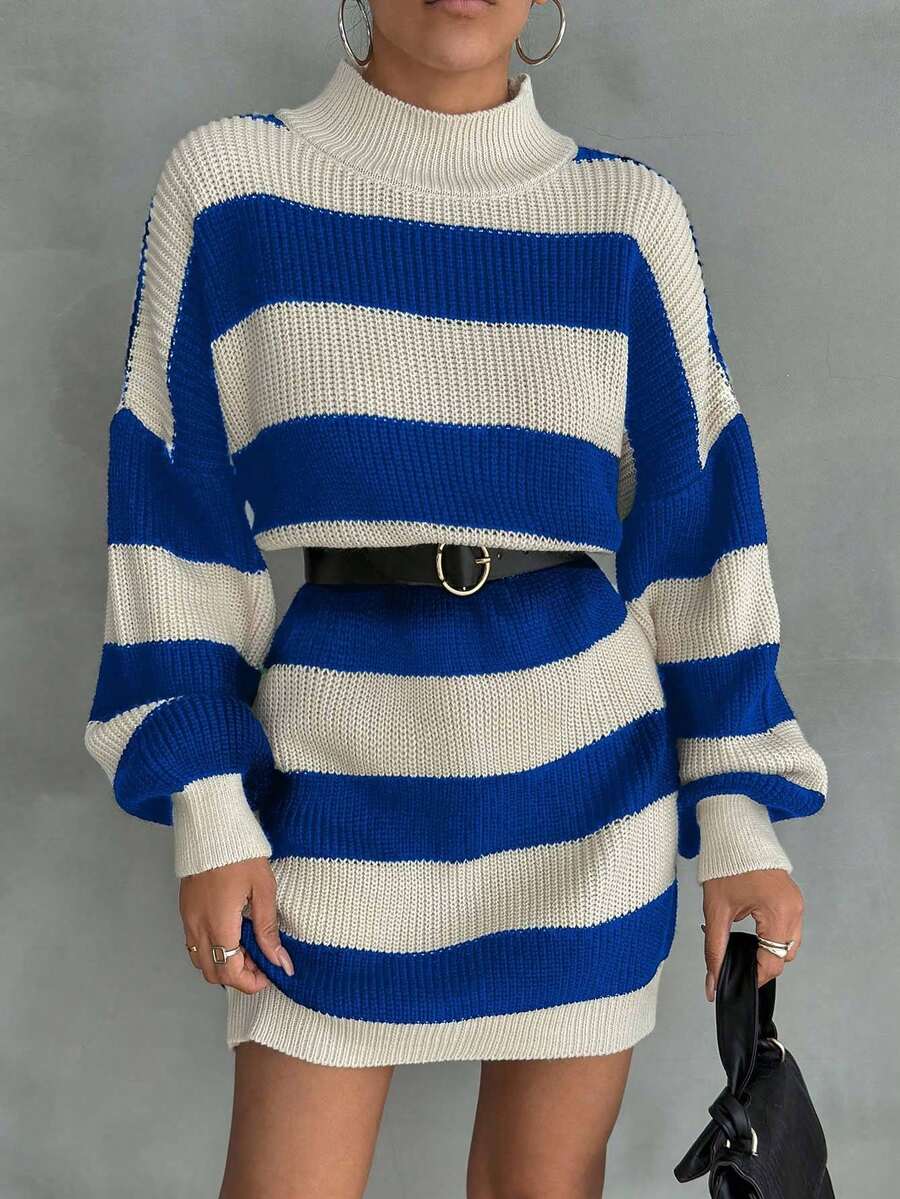 SHEIN Cottnline Women Drop Shoulder Sweater Dress With Striped Pattern - Royal Blue - View 1