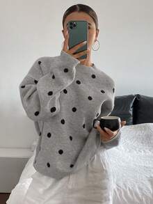 Livesso Women's Loose Business Casual Polka Dot Jacquard Knit Pullover Sweater, Suitable For Office Wear In Autumn And Winter