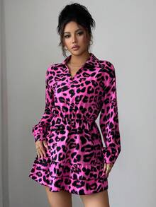 Elenzga Women's Leopard Print Ruffle Hem Long Sleeve Dress - Hot Pink - View 6