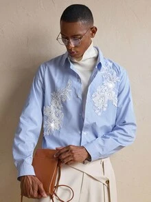 AKNOTIC Men's Light Blue Patched Long Sleeve Shirt, Fall, For Christmas