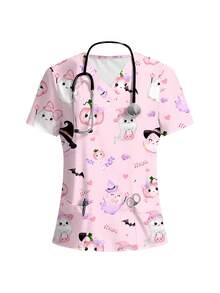 PopScrub Bluzka damska z nadrukiem w serek i matowym wykończeniem, z 2 kieszeniami – wygodny mundur roboczy