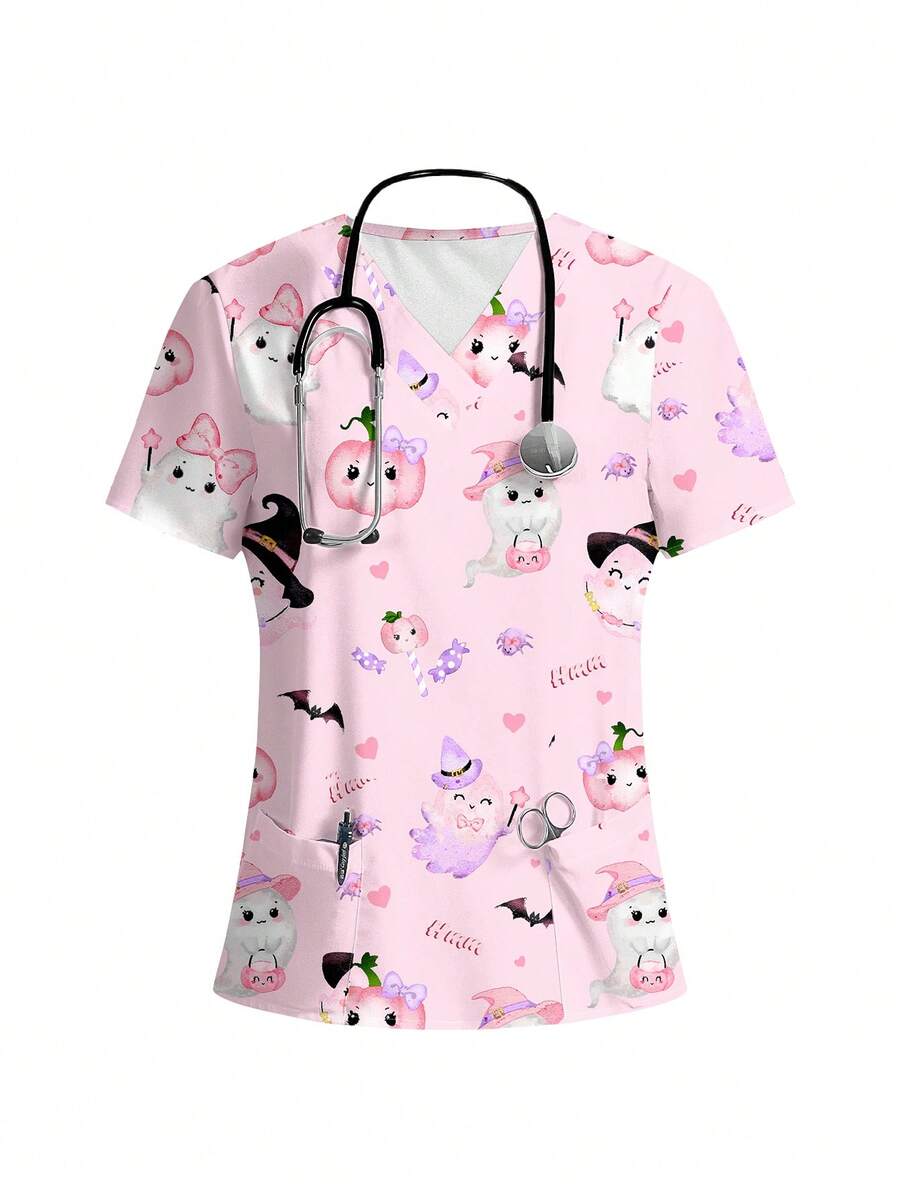 PopScrub Bluzka damska z nadrukiem w serek i matowym wykończeniem, z 2 kieszeniami – wygodny mundur roboczy