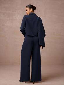 Lumalex 2 件套女式高腰束腰中长连衣裙和长袖西装外套套装秋冬女装 - 藏蓝色 - 查看 5