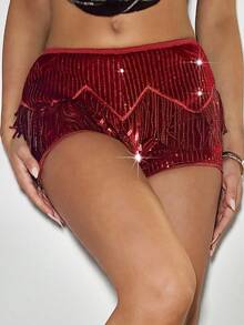 SHEIN ICON Women's Sexy Sequin Fringe Tight Mini Shorts, Party - Burgundy - View 4