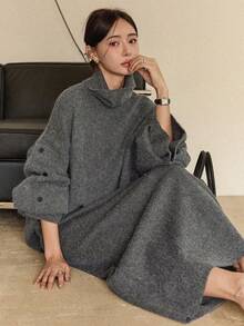 Dazy-Less Bộ đồ thời trang nữ gồm áo len cổ lọ dáng rộng và chân váy, kiểu dáng công sở thường ngày. - Xám - Xem 9
