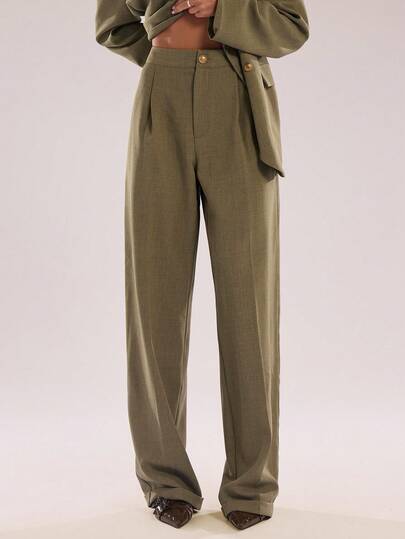 SHEIN BAE Pantalones casuales de oficina de cintura alta, plisados y de pierna recta, de unicolor, para mujer. Pantalones sastre para mujer. Pantalones sastre para otoño/invierno