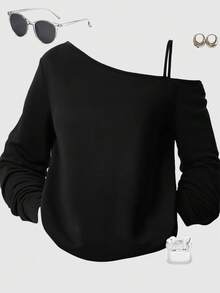 Girlism Maglietta casual a maniche lunghe con spalla asimmetrica per ragazze adolescenti, adatta per l'estate, il tempo libero, lo sport, il college - nero - Visualizzare 3