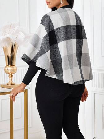 SHEIN Lady Abrigo de lana con estilo de poncho a cuadros elegante para mujer, otoño