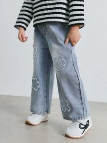 Maija Kids 年轻女孩花卉装饰浅蓝色休闲牛仔裤 - 淺色水洗藍 - 查看 6