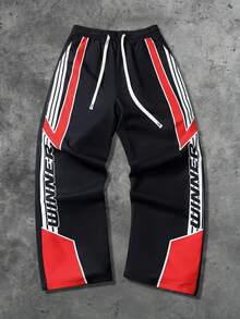 ROMWE MEN Prep Unisex Straight Leg Woven Pants With American English Graphic Print - Black - View 3