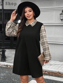 SHEIN LUNE 大码女式秋冬格子图案撞色袖衬衫领长袖休闲连衣裙感恩节装扮节日派对连衣裙女式派对连衣裙 - 卡其色 - 查看 1