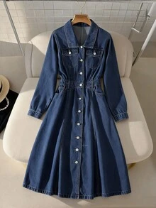 GlowEve Women's Turndown Collar Long Sleeve Single-Breasted Pocket Casual Denim Dress