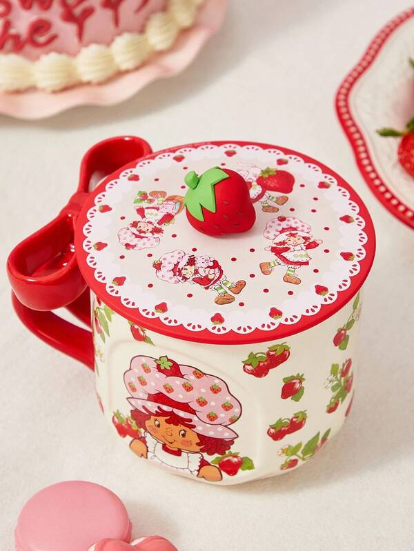 Strawberry Shortcake X SHEIN Silikonowa osłonka na kubek, pyłoszczelna, z dekoracją truskawkową, odpowiednia do kubków o średnicy poniżej 4,3 cala, wielokrotnego użytku, idealna na prezent