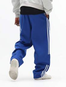 SUMWON 宽松版型运动裤，侧边条纹，休闲居家服，经典街头风，舒适冬季抓绒裤，弹性裤脚，抽绳腰带，舒适运动裤，纯色 - 藍色 - 查看 3