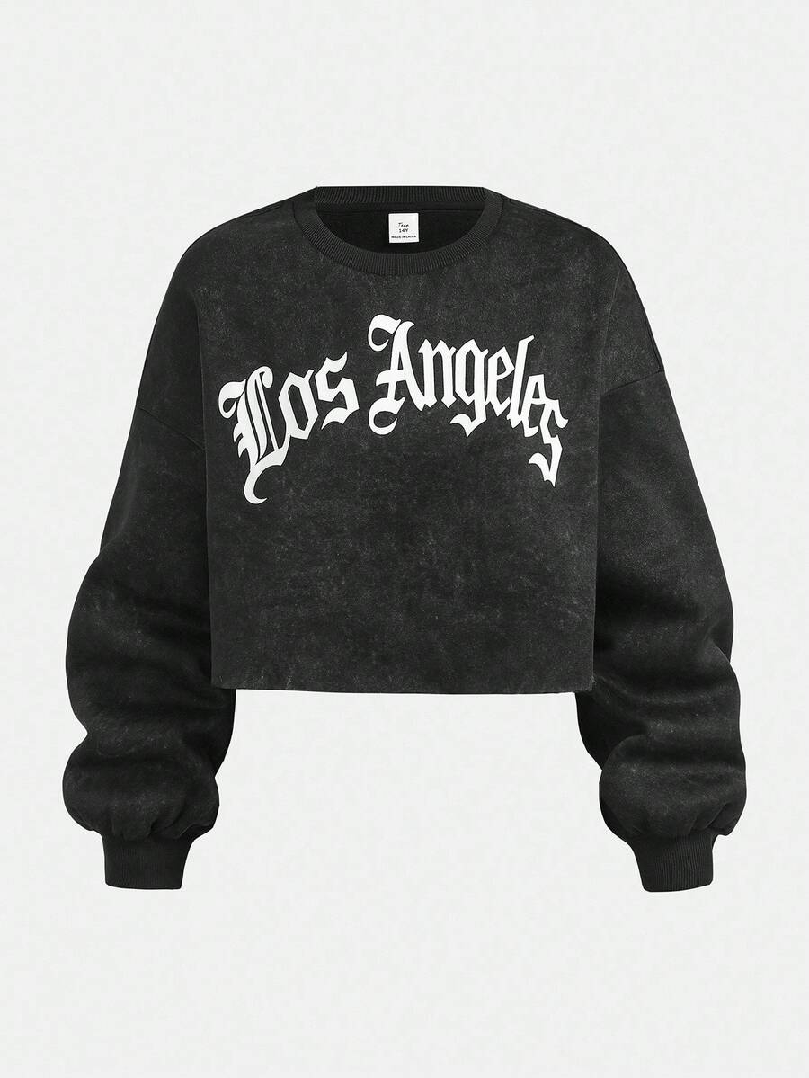 SHEIN 少女短款长袖黑色雪花印花圆领宽松运动衫,休闲学院风“Lose Angel”图案,秋冬 - 黑色 - 查看 1