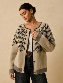 Travachic Christmas Vintage Style Wheat Jacquard Knit Cardigan For Women, Loose Fit, Versatile, Autumn/Winter New Arrival