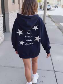 SHEIN Tween Girl 长袖字母印花简约连帽运动衫，日常休闲穿着 - 藏蓝色 - 查看 1