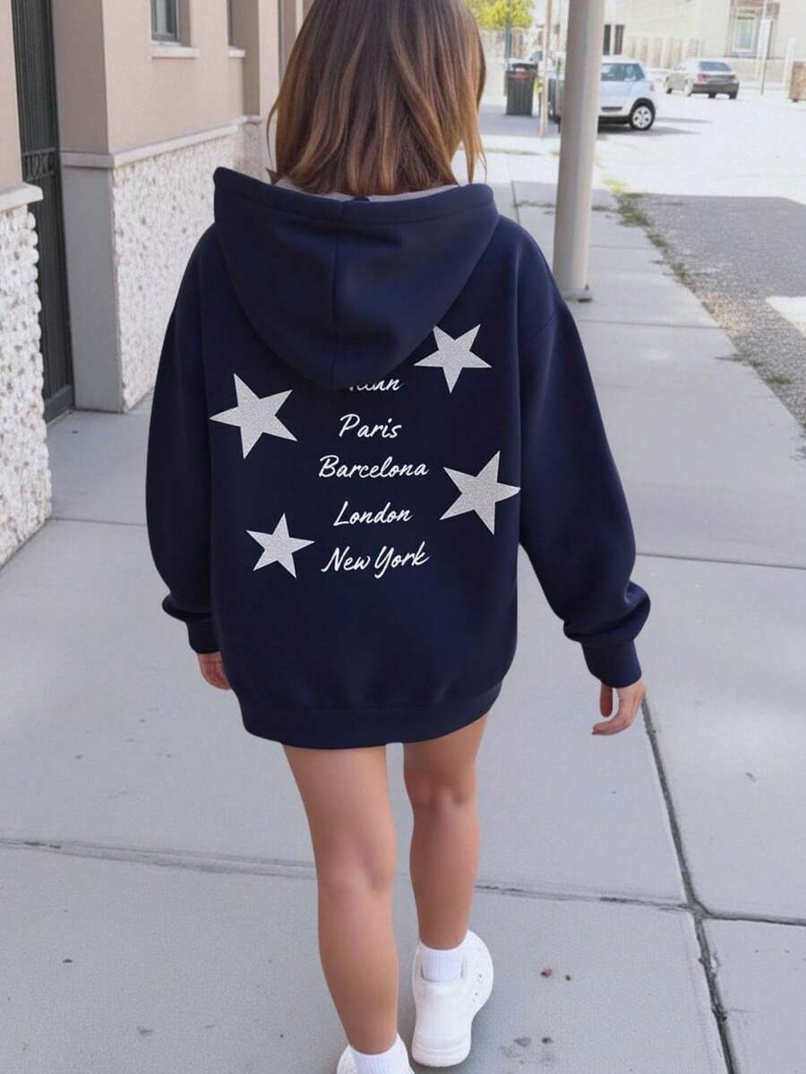 SHEIN Tween Girl 长袖字母印花简约连帽运动衫，日常休闲穿着 - 藏蓝色 - 查看 1