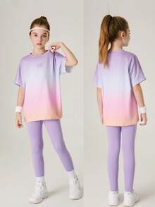 Sparklyn Tween 女孩 2 件套：T 恤 + 紧身裤瑜伽运动健身裤，弹性彩色校园街头时尚运动装