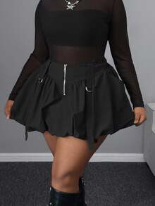 Maweii Black Casual Zipper Ruffle Hem Mini Skirt, Versatile Design For Streetwear, Commuting, Plus Size - Black - View 4